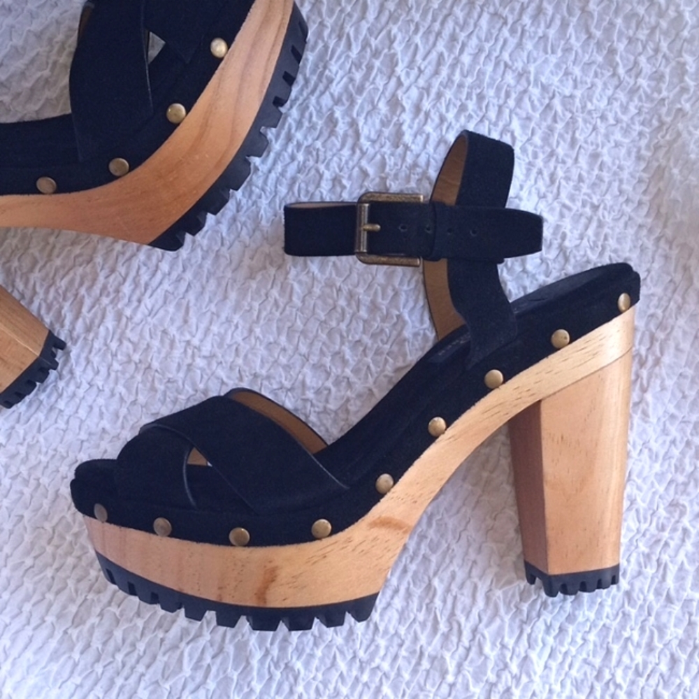 🔥 ISO 🔥 Polo Ralph Lauren Lacie Platform Sandals Heels Black 7.5 🔥 ISO 🔥